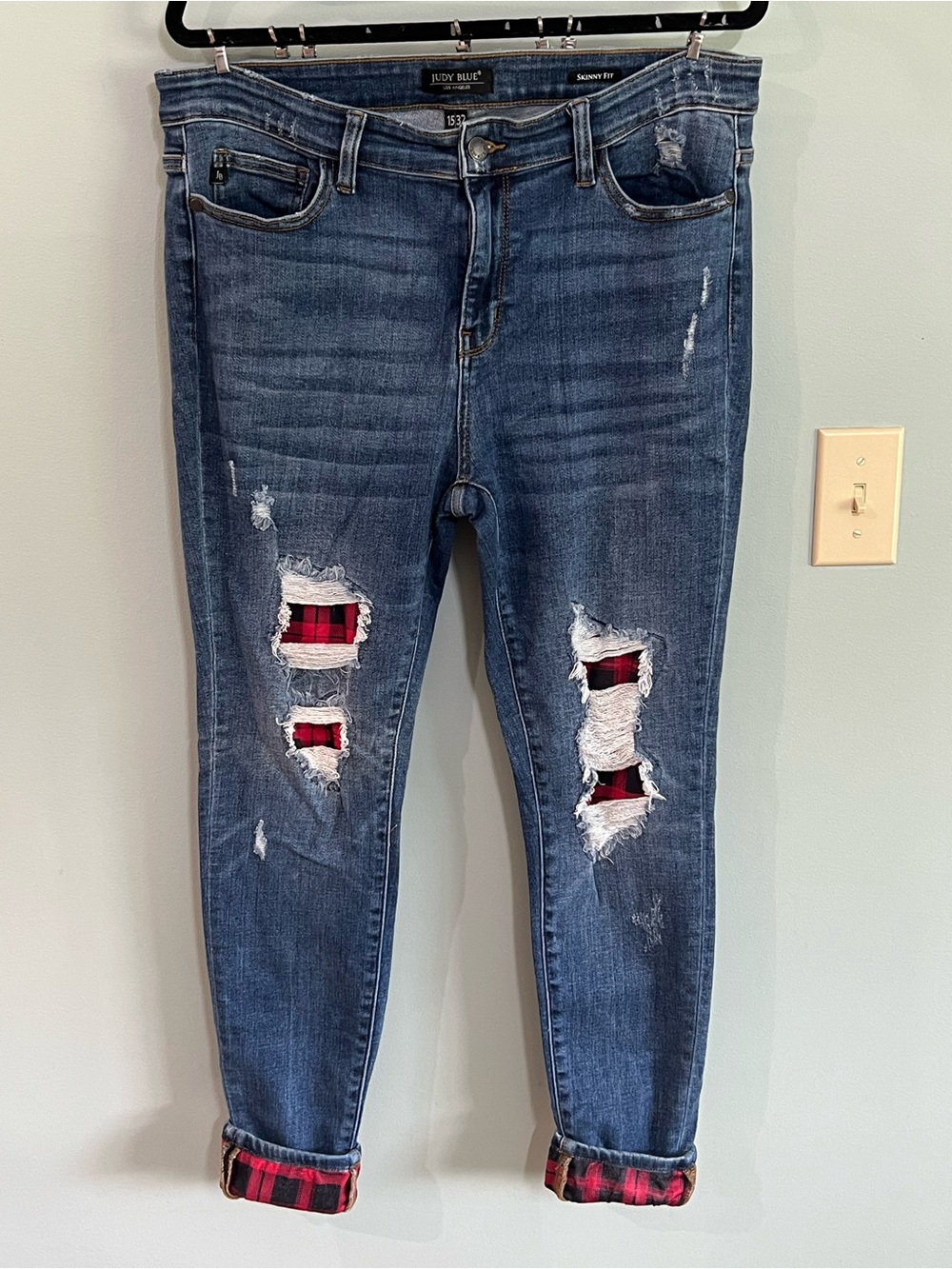 Judy Blue Dark Wash Boyfriend Jeans with Red Plaid Underlay | Size 15